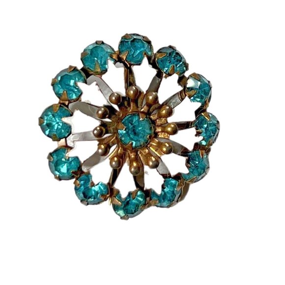 Vtg Round Cluster Pin Brooch Aqua stone (glass?) white enamel goldtone Jewelry - Picture 3 of 8